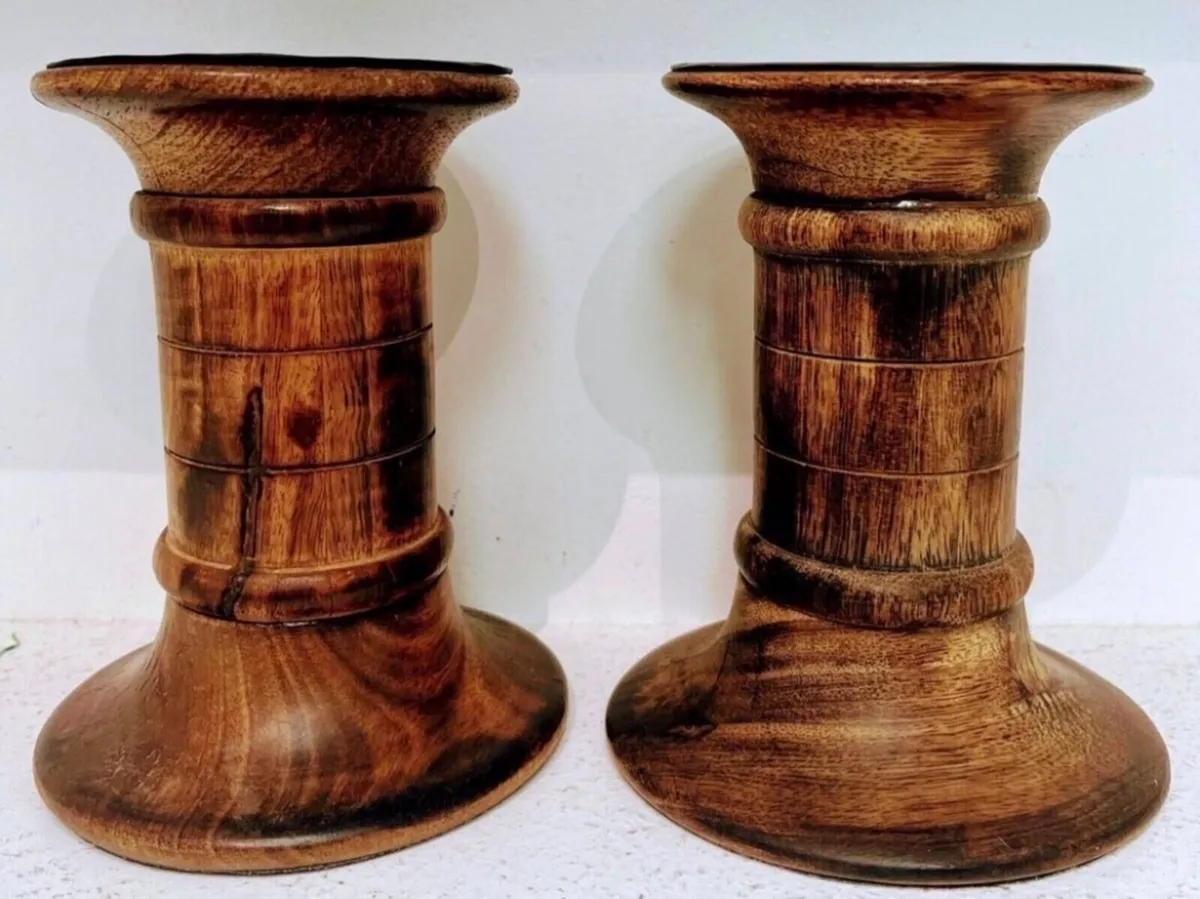 Vintage turned wood Pillar candle holders - Image 2