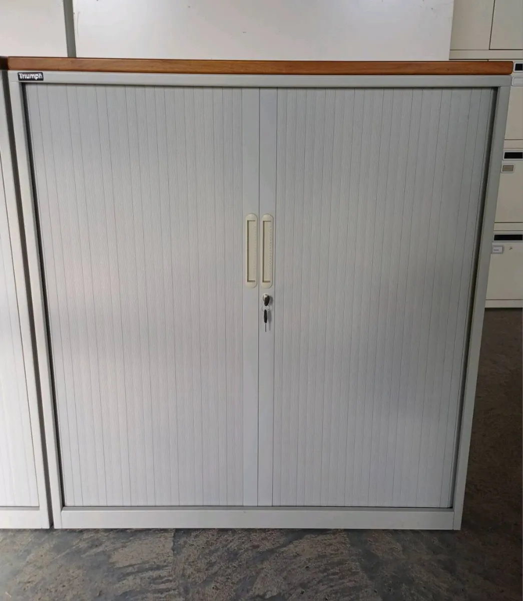 1.11m Steel Tambour Cabinet Wooden Top - Image 1