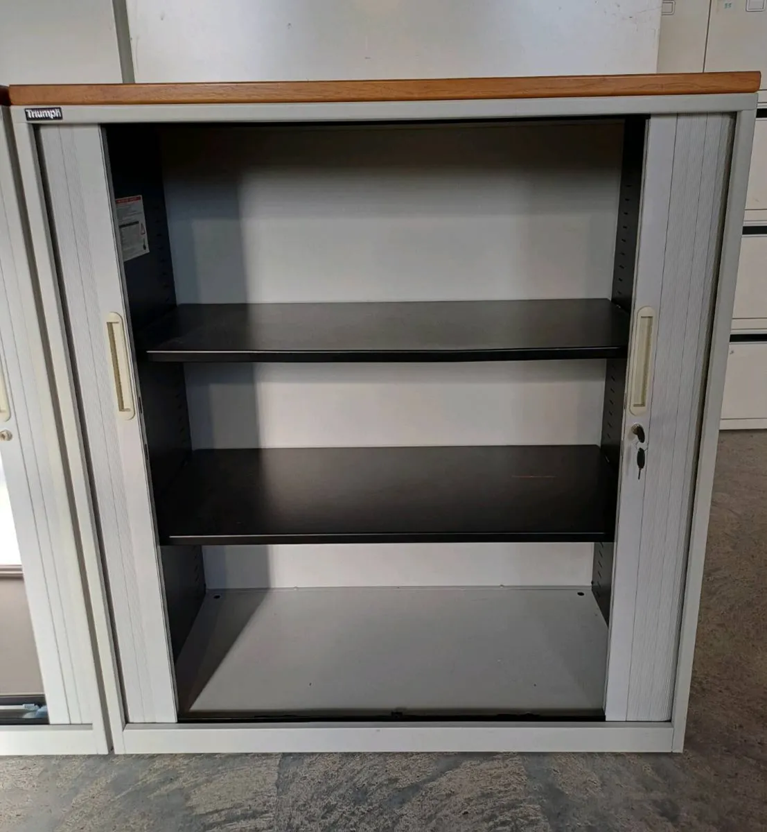 1.11m Steel Tambour Cabinet Wooden Top - Image 2