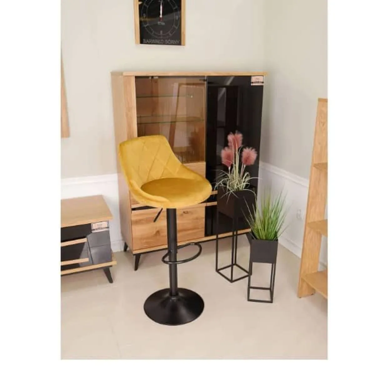 Bar Stool Gold Velvet Seat, Black Metal Base - Image 3