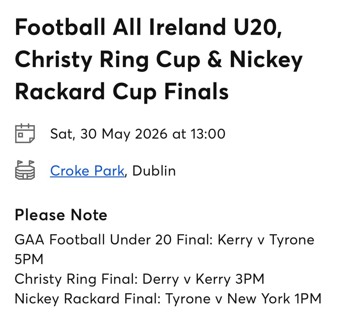 Premium Ticket- U20/ Nicky Rackard Finals