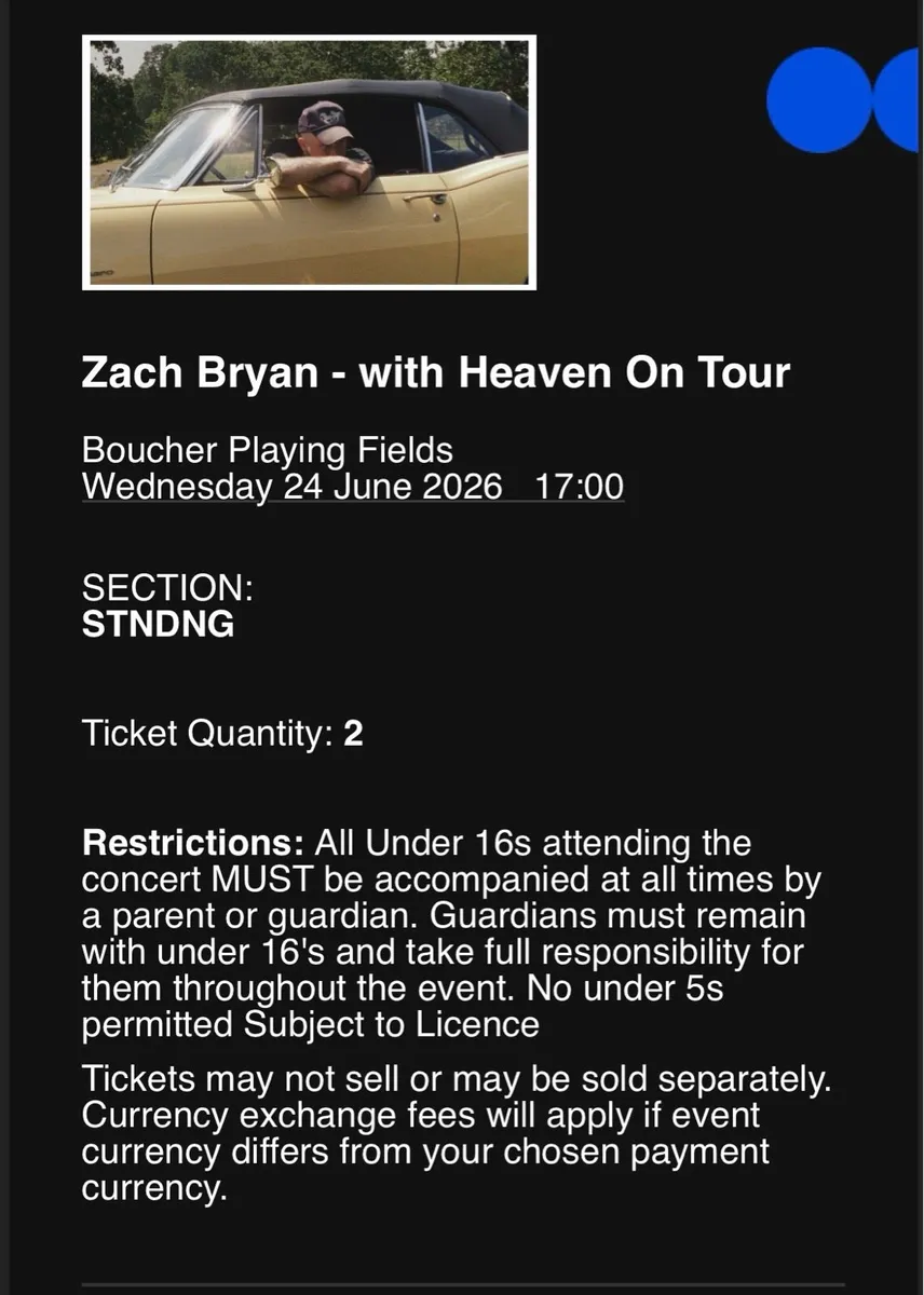 2 Zach Bryan tickets Belfast 24th June 2026