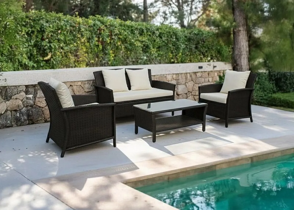 Newport Garden Sofa Set 4 Seater Rattan Outdoor Furniture + Table Patio Terrace Set - Image 1
