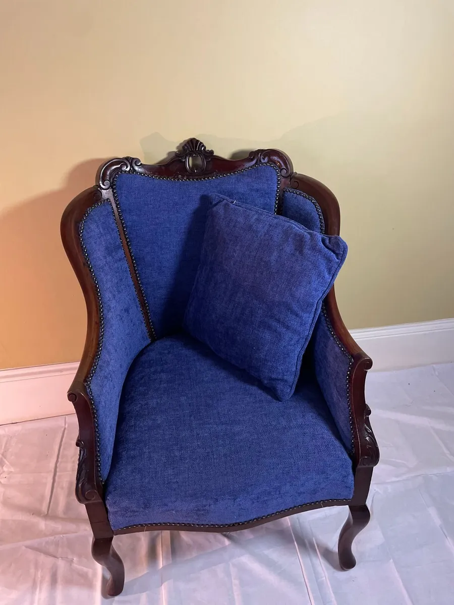 Vintage Carved Armchair In Blue Fabric - Image 1