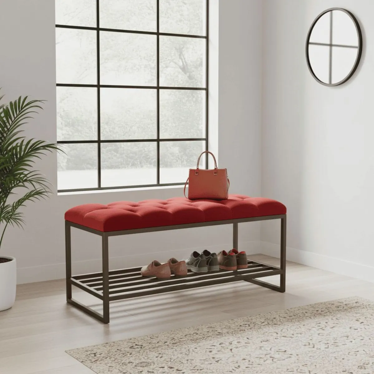 Velvet Upholstered Bench with Gold Metal Shoerack - Image 1