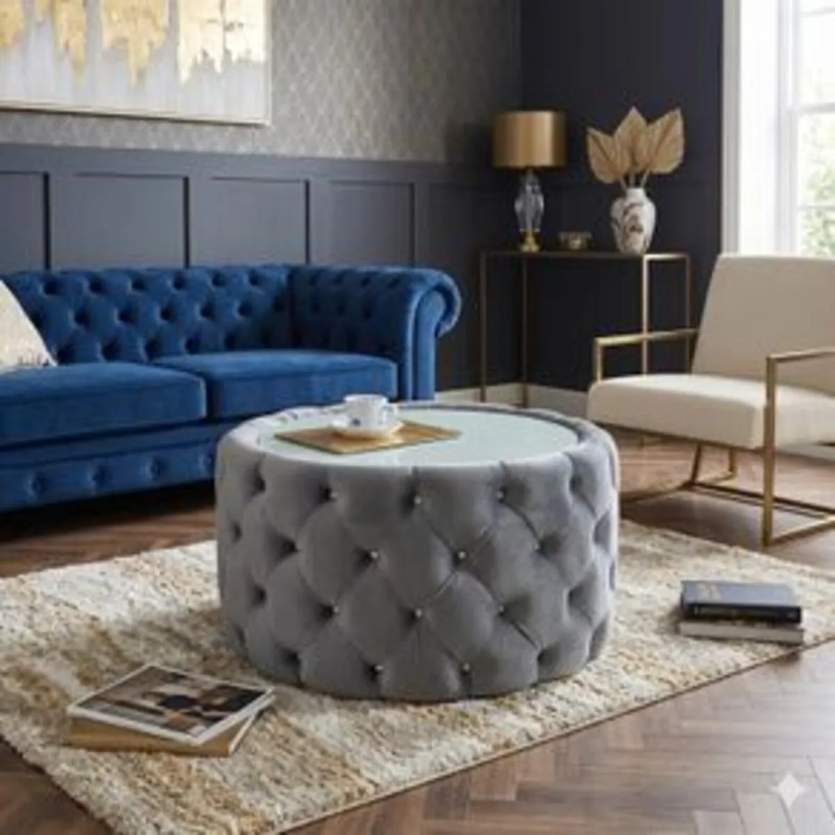Round Velvet Coffee Table Tinted Glass Top - Image 1