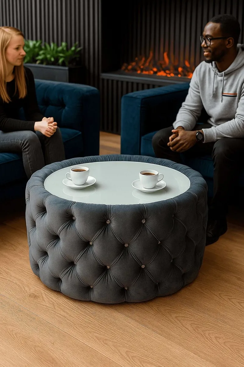 Round Velvet Coffee Table Tinted Glass Top - Image 2