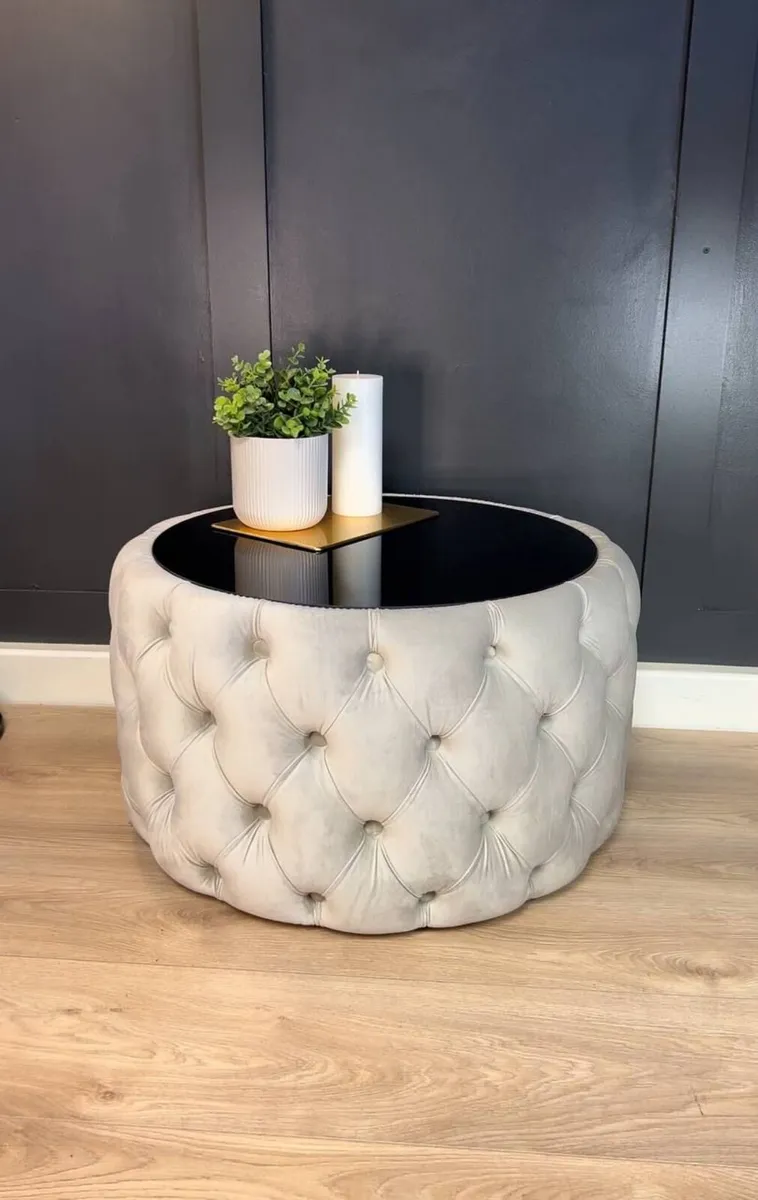 Round Velvet Coffee Table Tinted Glass Top - Image 3