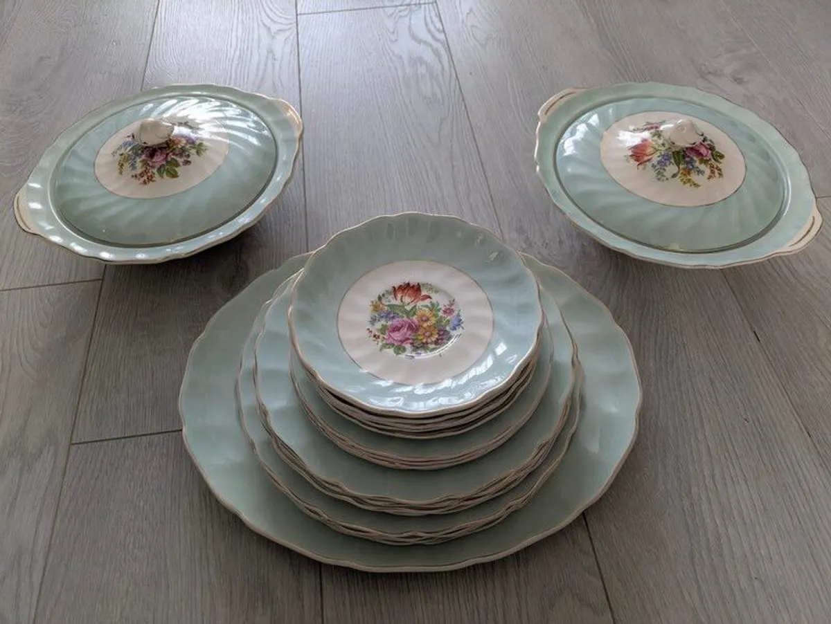 Elegant Vintage Johnson Bros Dinner Set  Pastel Green Floral  Serving Pieces Included - Image 1
