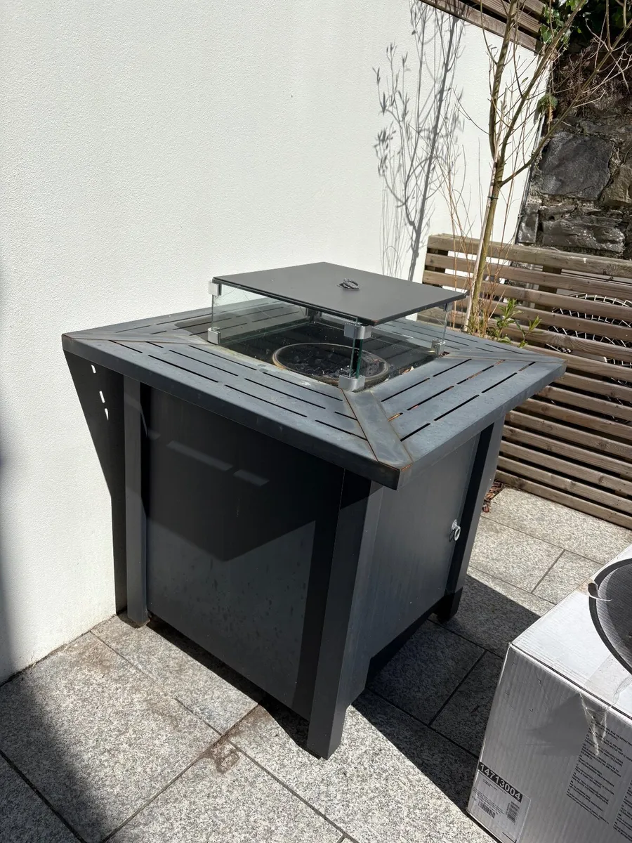 Modern Gas Fire Pit w/ Blue Glass & Gas Canister - Image 1