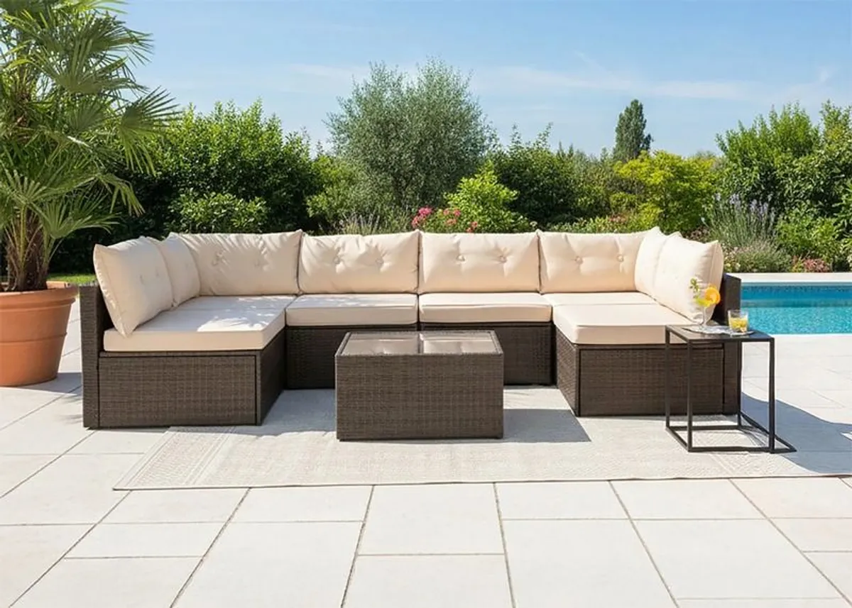 MIAMI Luxury Rattan Garden Corner Sofa Set with Table Outdoor Patio Furniture - Image 1