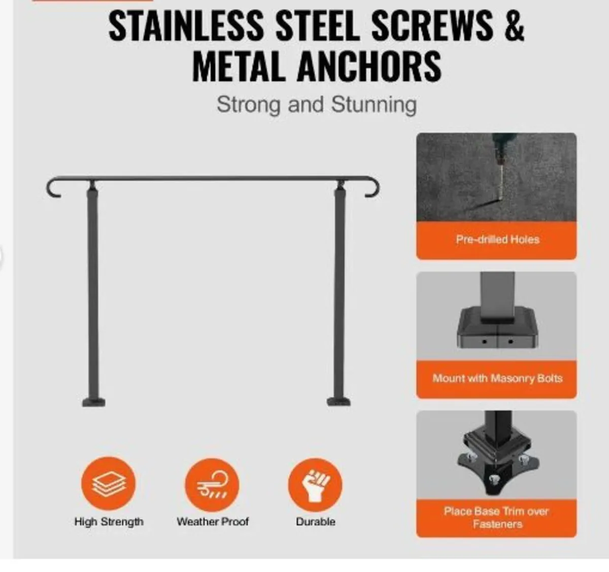 Wrought Iron Handrail, Fit 2 or 3 Steps Outdoor - Image 1