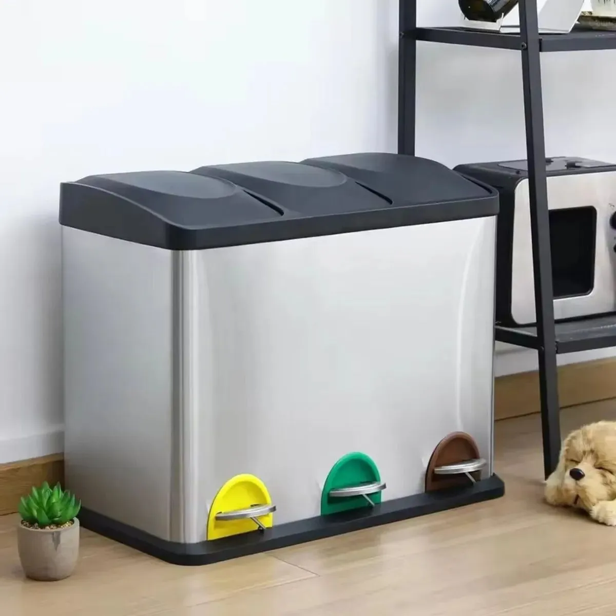 45L Kitchen Waste Bin 3 Compartment Steel - Image 1