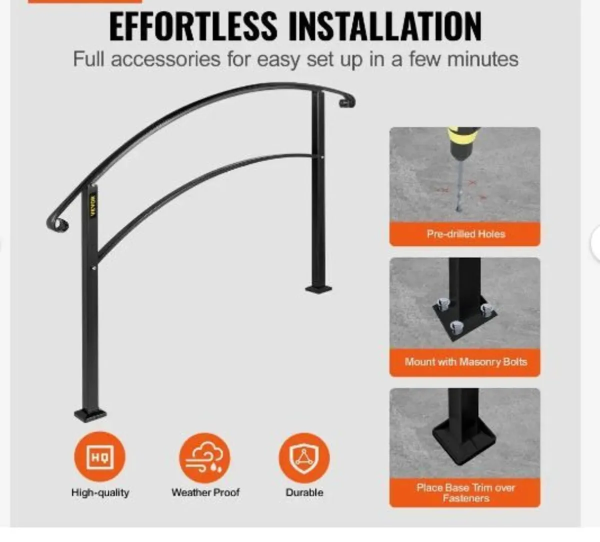 4-Step Handrail Fits 1 or 4 Steps Matte Black Stai - Image 2