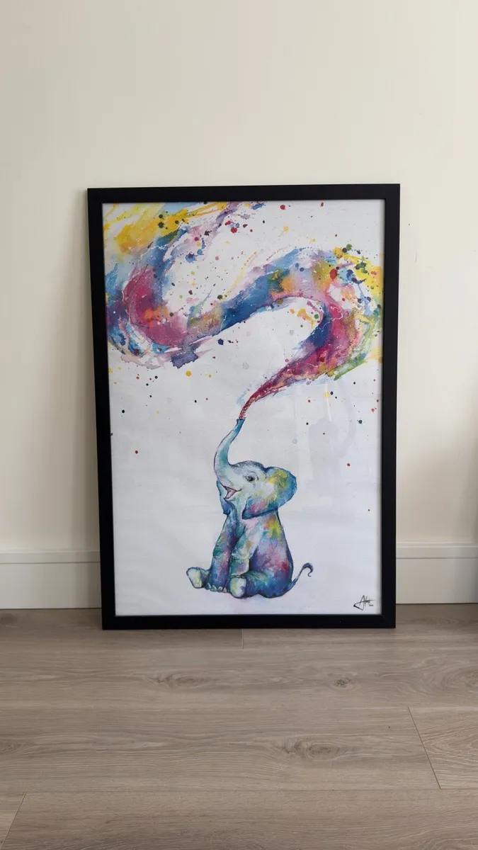 Large Framed Watercolor Baby Elephant Wall Art - Image 1