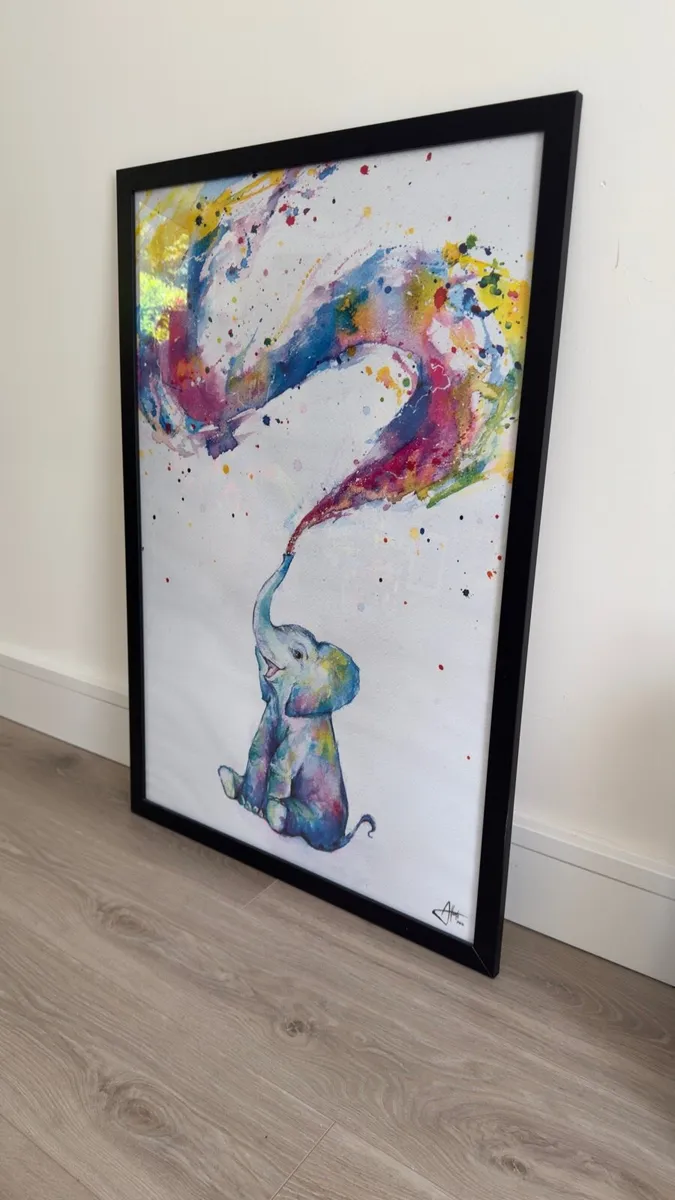 Large Framed Watercolor Baby Elephant Wall Art - Image 2