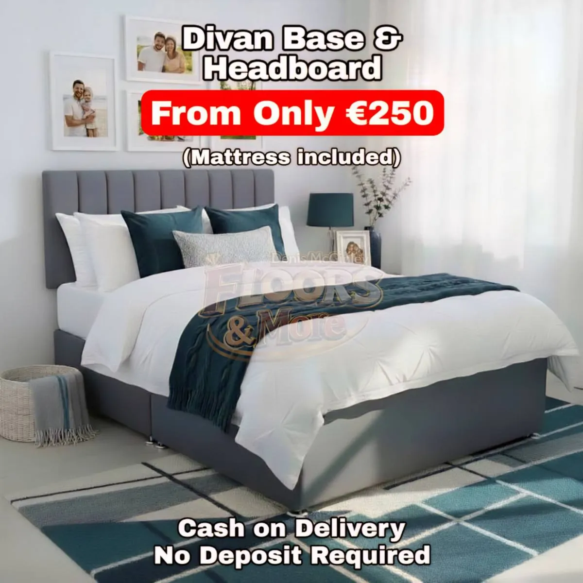 New Plush Velvet Divan Base, Headboard & Mattress - Image 1