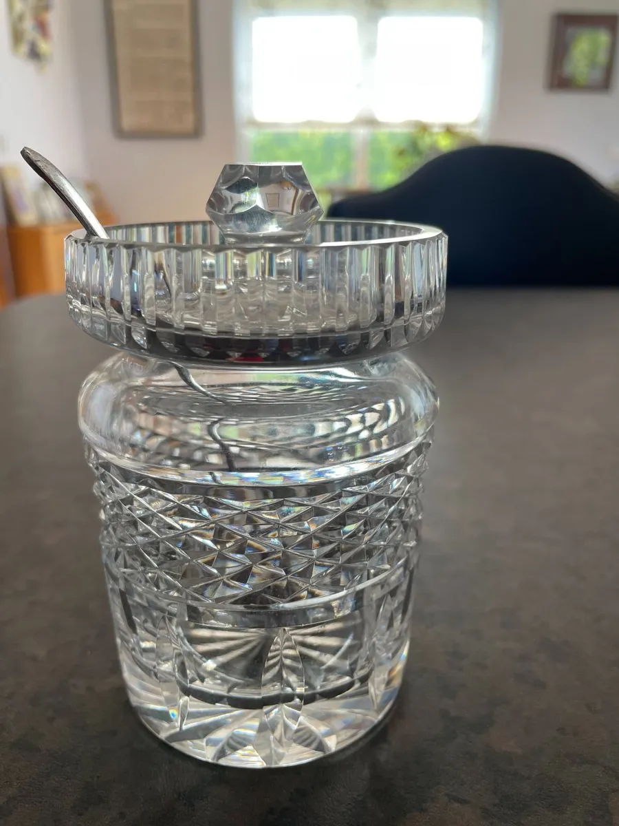 Vintage glass honey  / jam jar, lid with spoon - Image 1