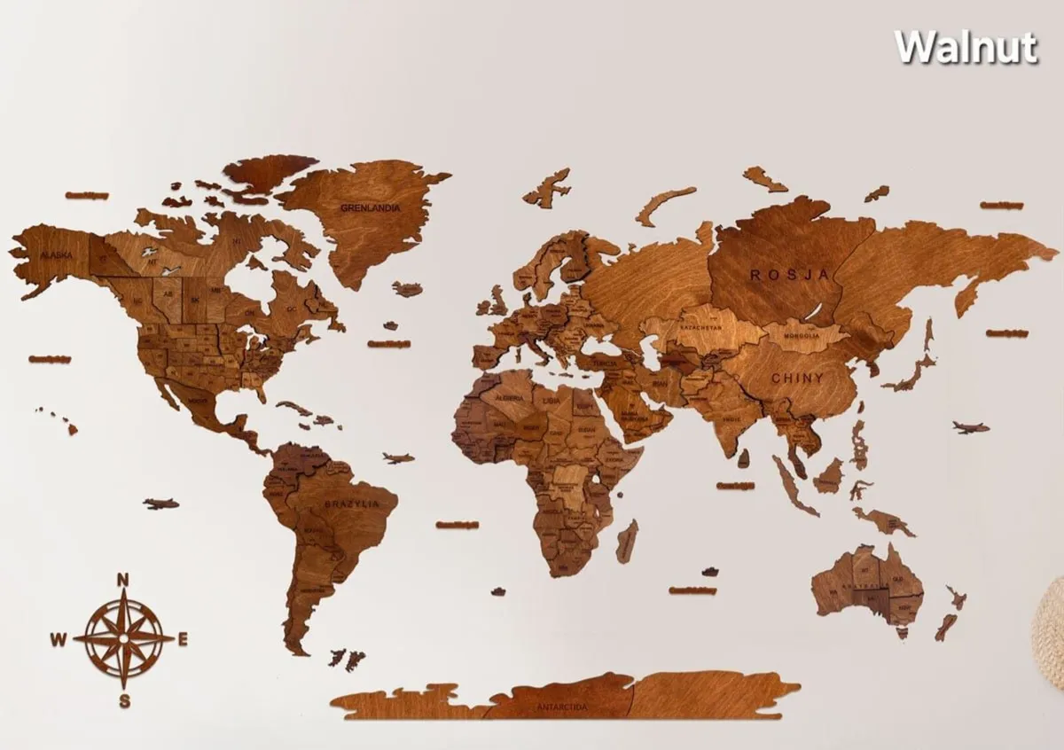3D Classic Wooden World Map with Country Borders - Image 1