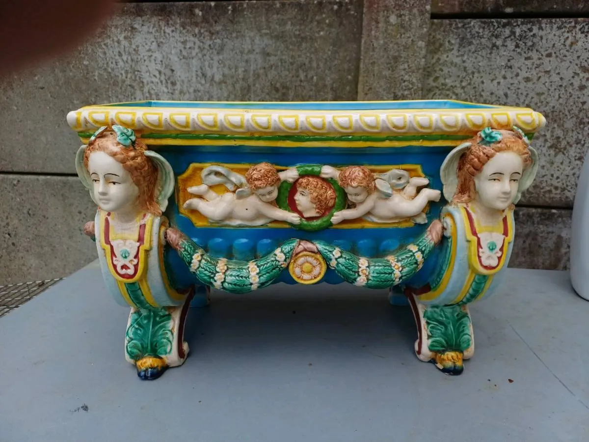 Antique Majolica Cherub Ceramic Planter - Image 2