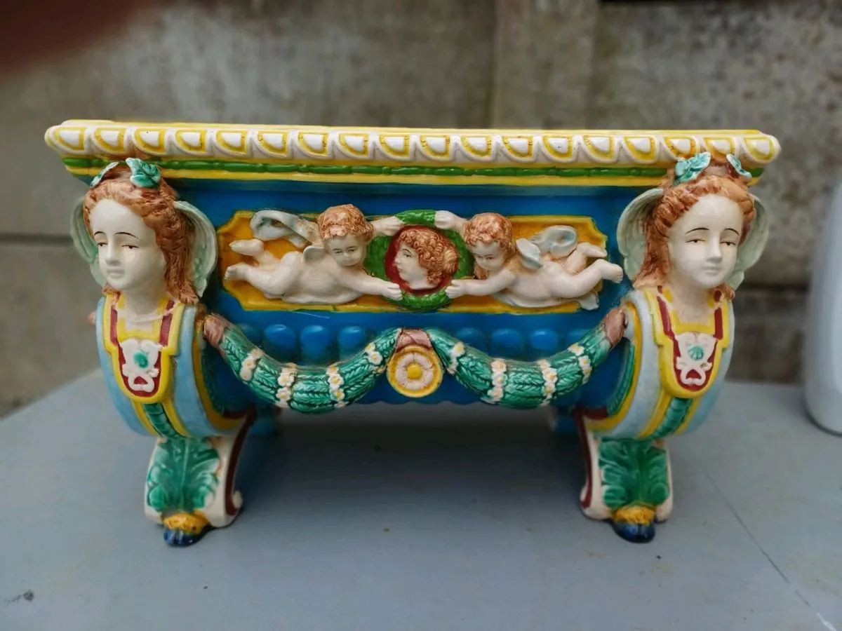 Antique Majolica Cherub Ceramic Planter - Image 1