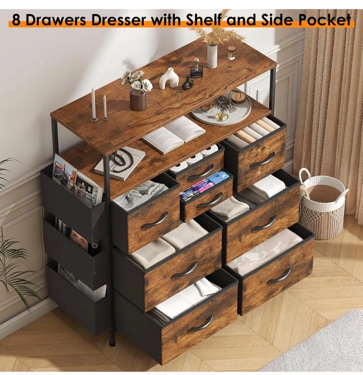 Tall Chest of Drawers, 8 Fabric Drawers Dresser wi - Image 4