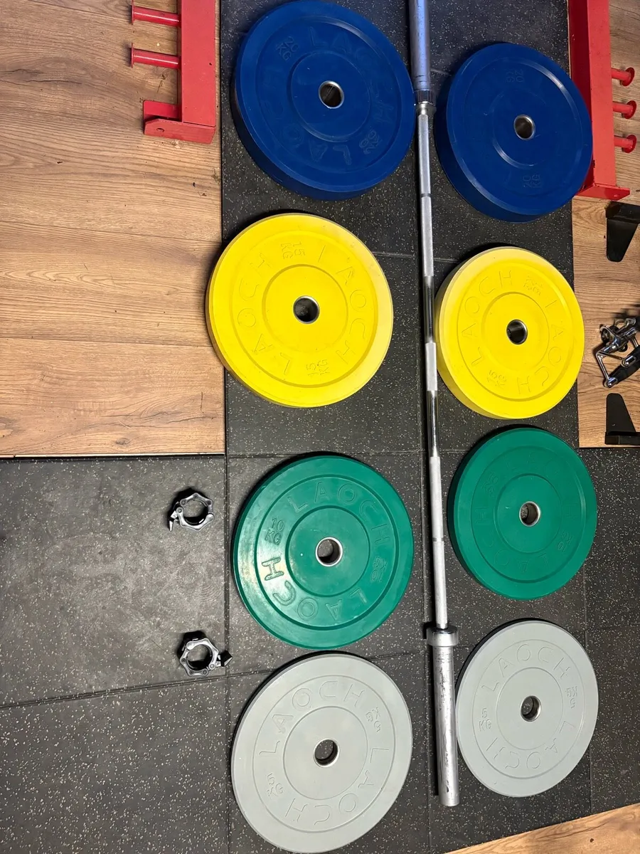 COLOUR OLYMPIC BUMPER WEIGHTS + 7 FOOT 20KG BAR - Image 1