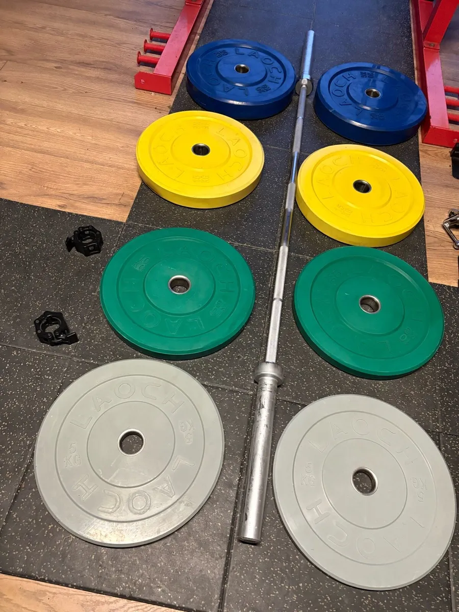 COLOUR OLYMPIC BUMPER WEIGHTS + 7 FOOT 20KG BAR - Image 2