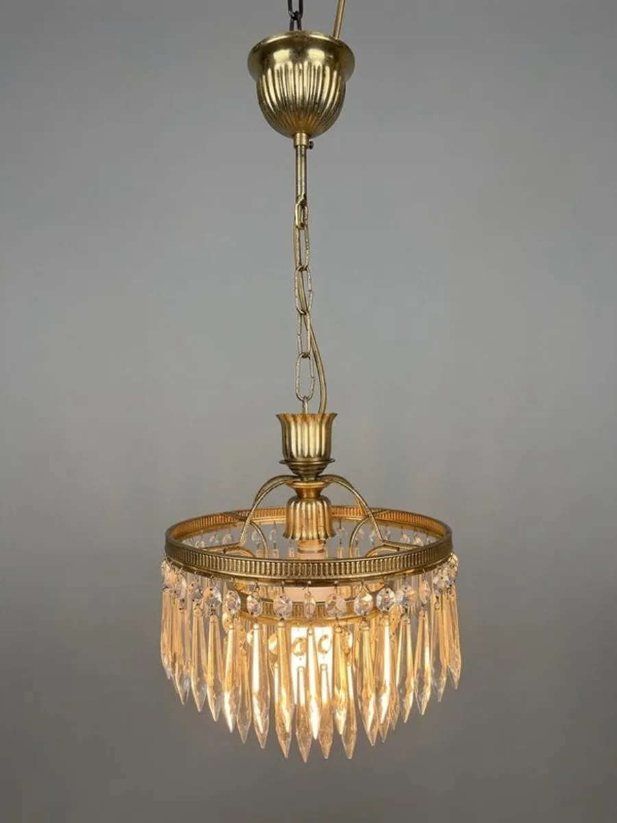 Vintage 1960s French Brass & Crystal Waterfall Chandelier - Image 1