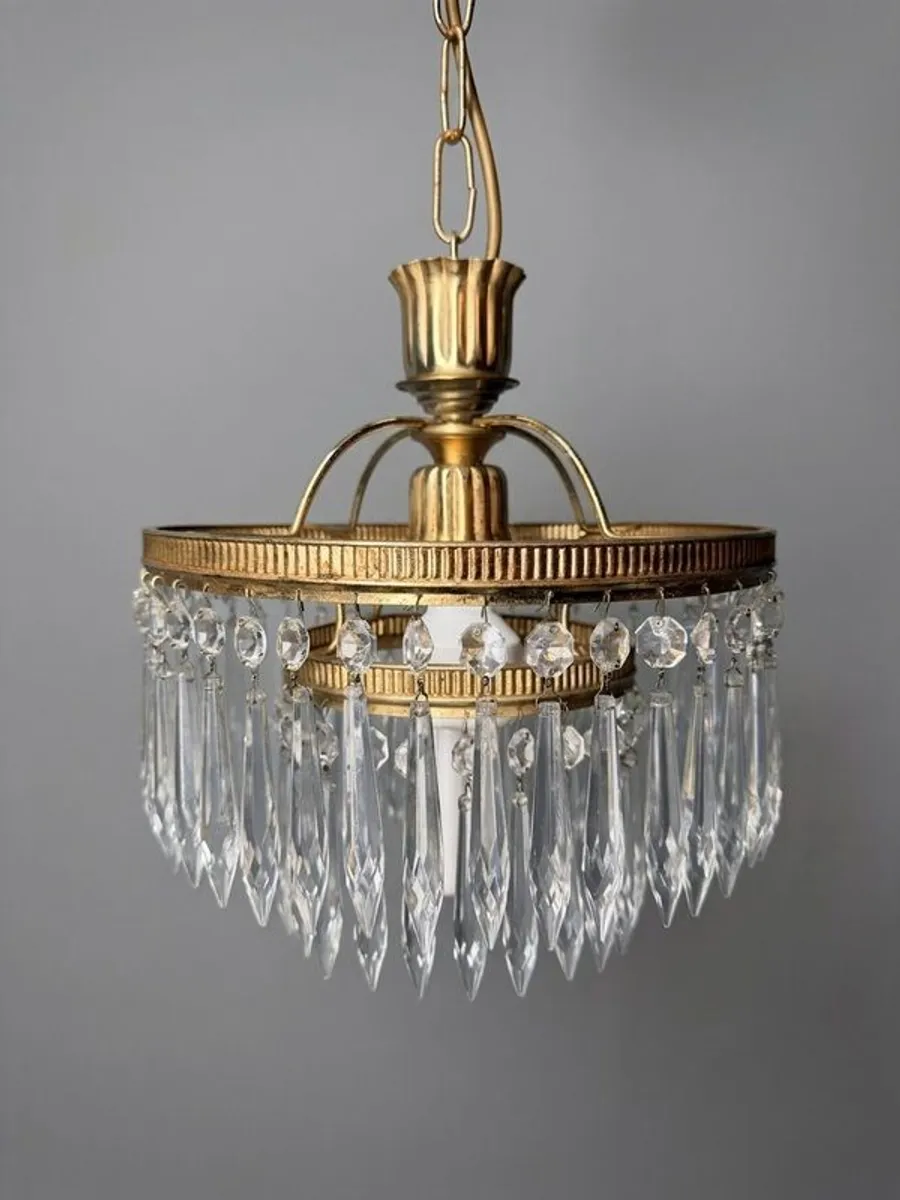 Vintage 1960s French Brass & Crystal Waterfall Chandelier - Image 2
