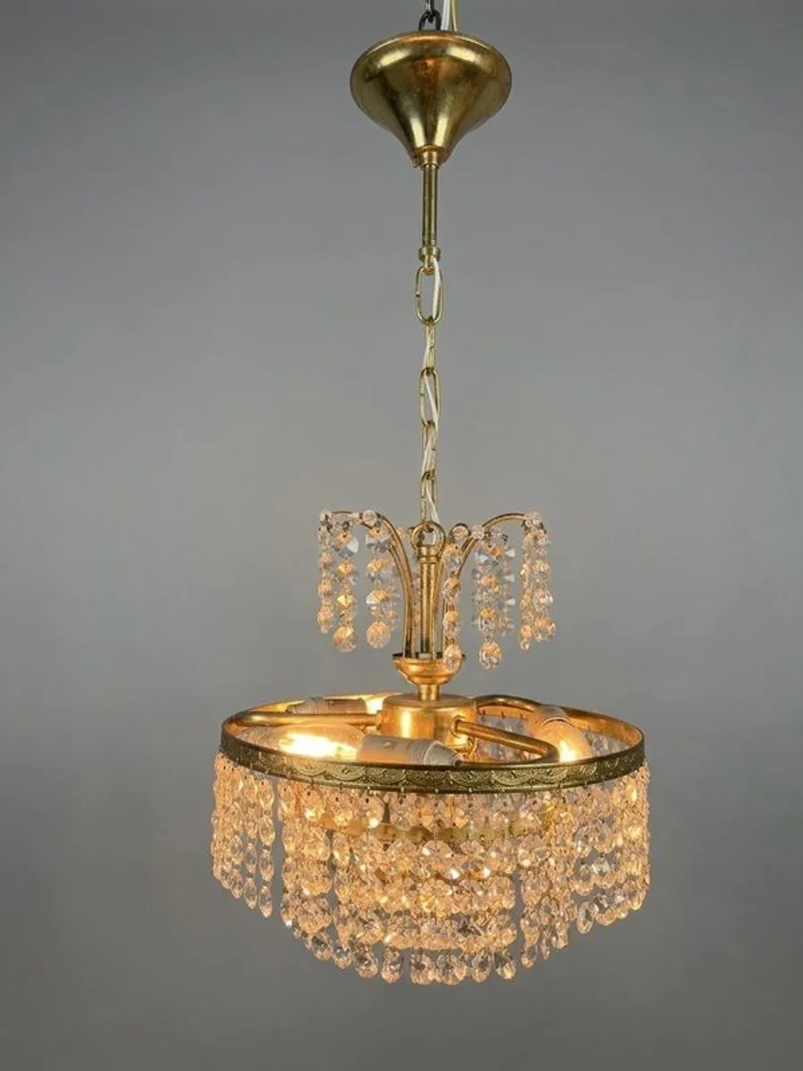 Vintage 1970s Brass & Crystal Chandelier - Image 1
