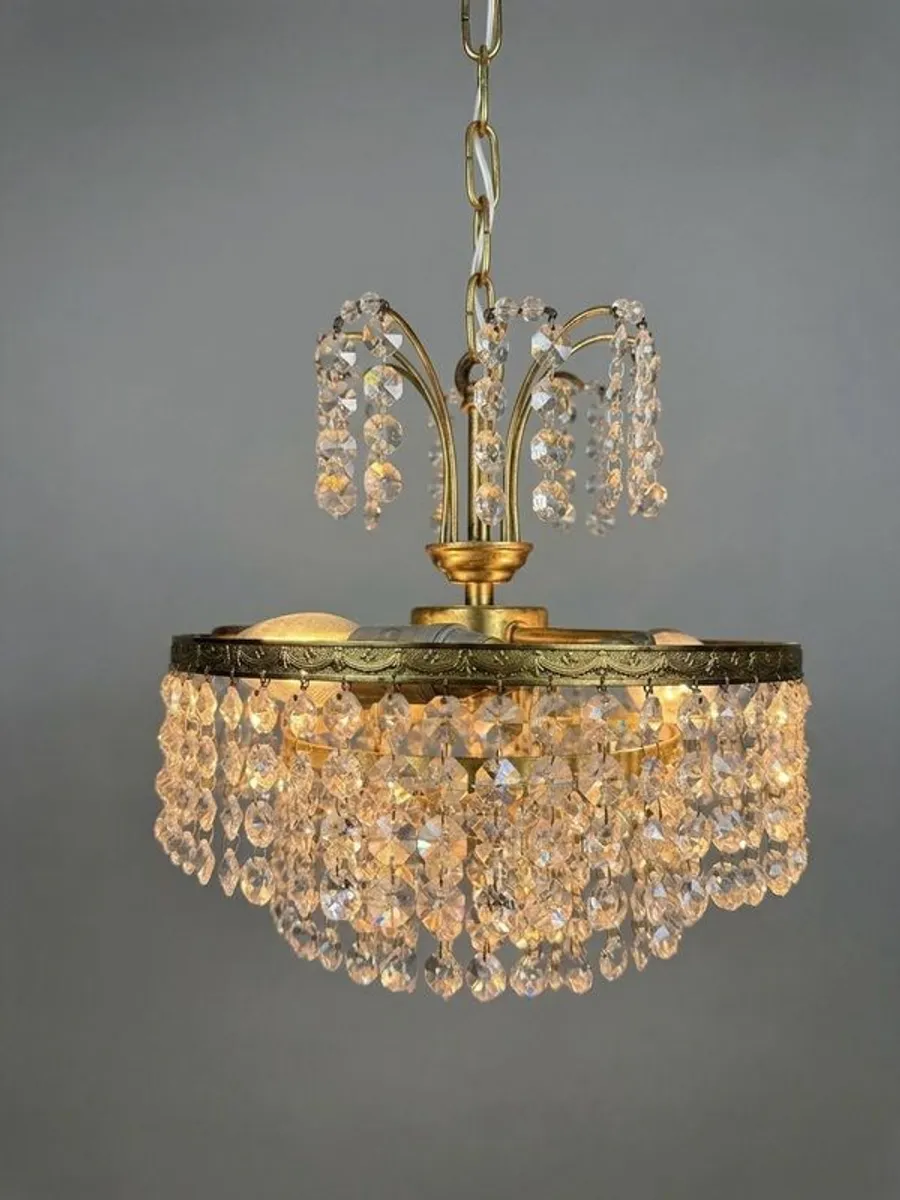 Vintage 1970s Brass & Crystal Chandelier - Image 3
