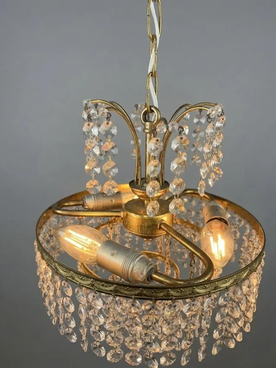 Vintage 1970s Brass & Crystal Chandelier - Image 4