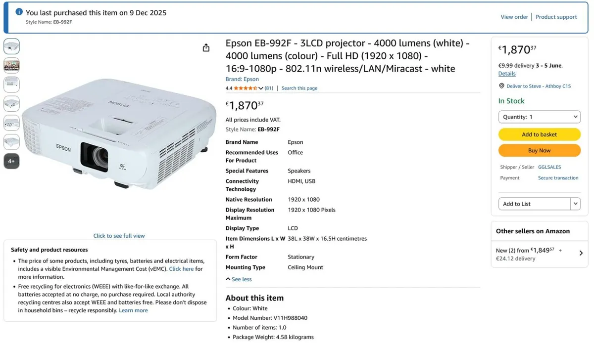 Epson  EB-992F - 3LCD projector - 4000 lumens