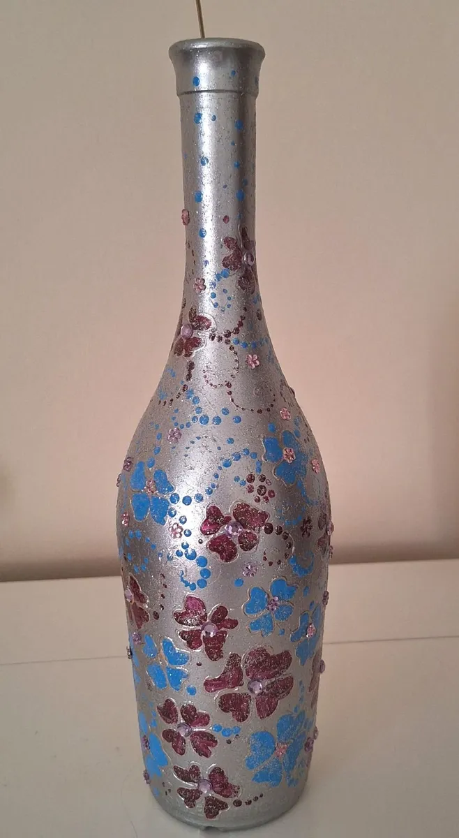 Hand-Painted Floral Silver Bottle - Image 2