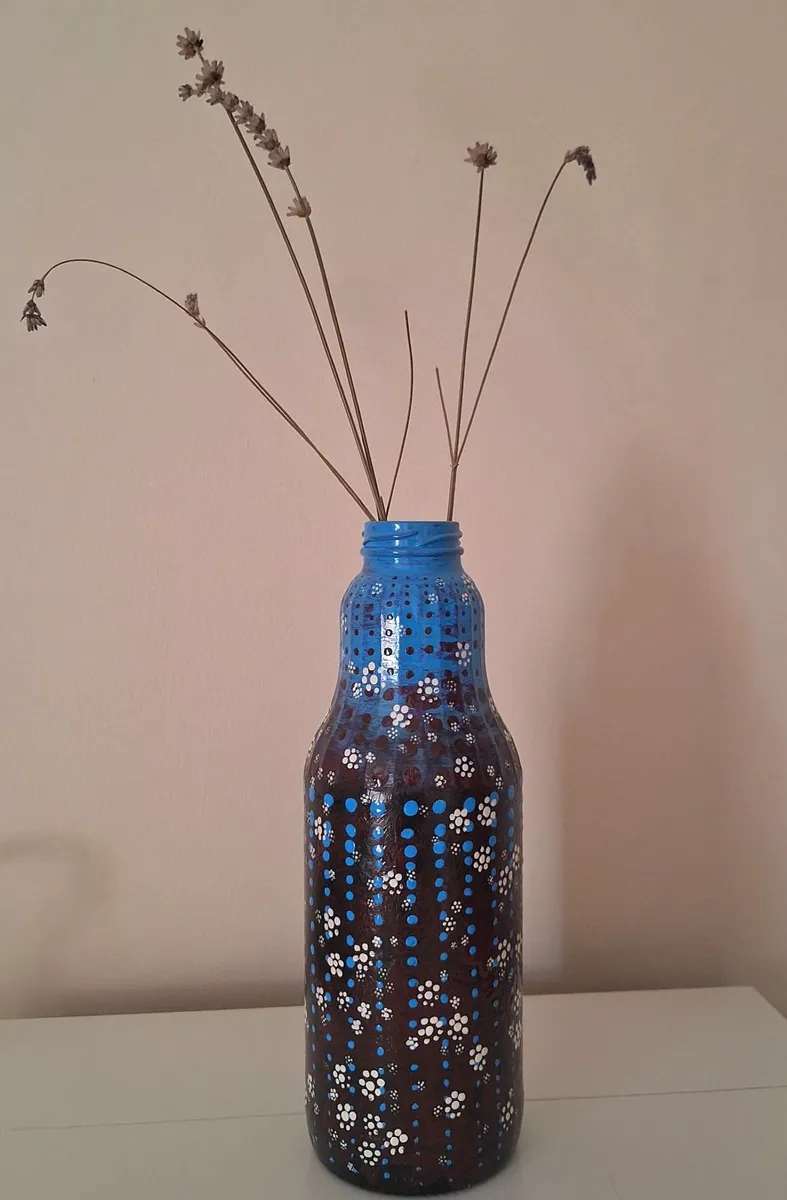 ​Hand-Painted Blue & Brown Floral Bottle - Image 1