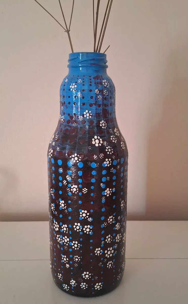 ​Hand-Painted Blue & Brown Floral Bottle - Image 2