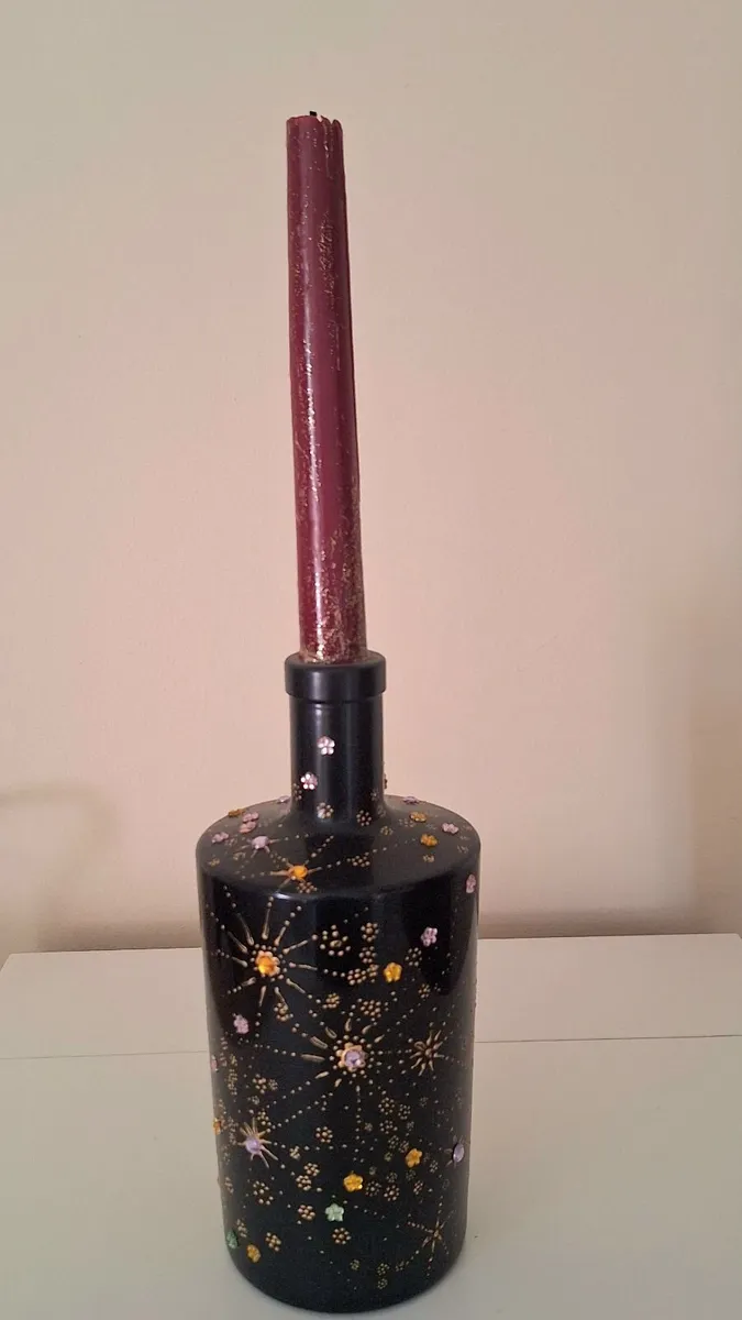 Hand-Painted Decorative Bottle - Candle Holder - Image 1