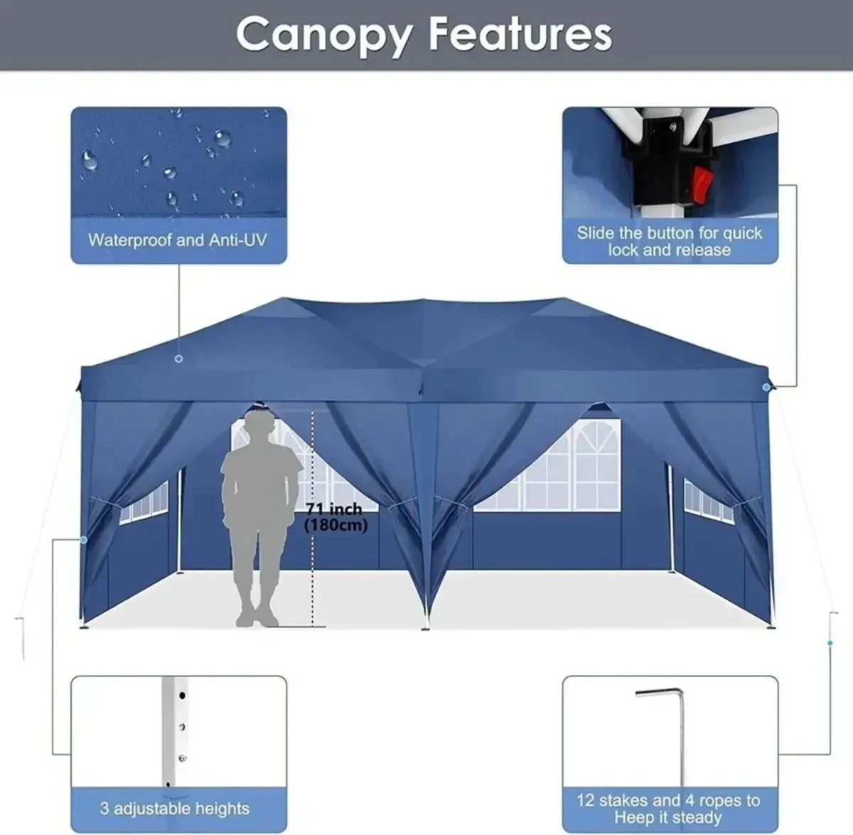 Pop-Up Gazebo 3x6m Waterproof Tent with 4 Panels - Image 2