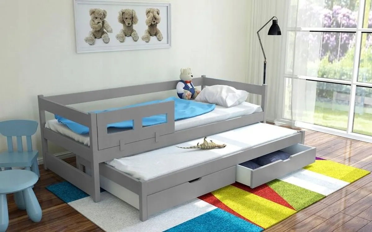 Trundle Bed Tomek + 2 mattresses real wood frame + 2 drawers - Image 1