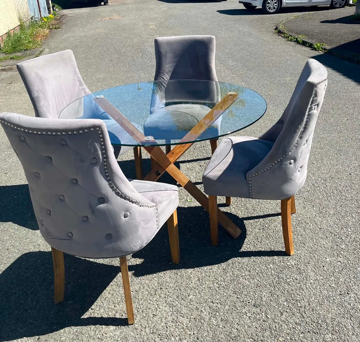 Fab!! Glass Round Table & 4 Grey Velvet Chairs - Image 1