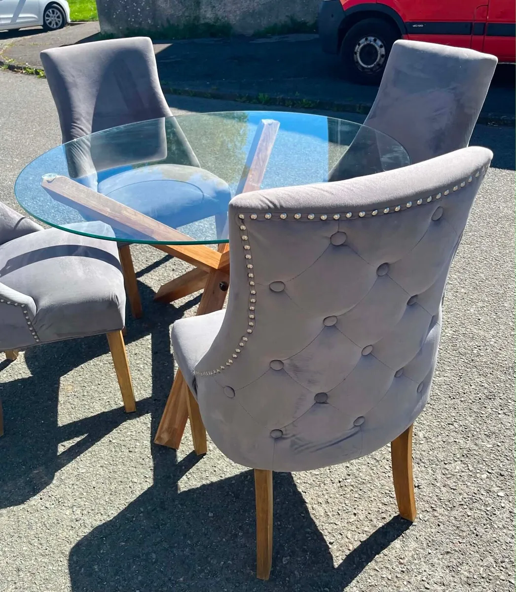 Fab!! Glass Round Table & 4 Grey Velvet Chairs - Image 4