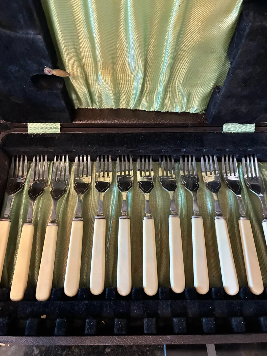 Antique 26 Piece Bone Handle Fish Set - Image 2
