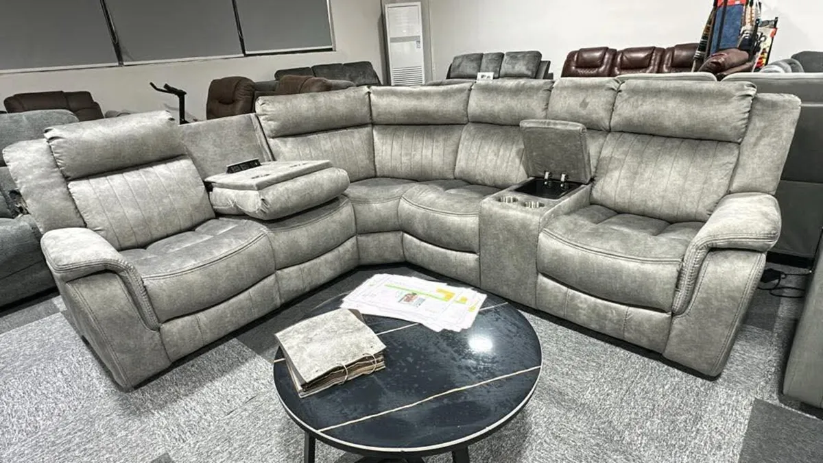 Bruno Grey & Sand Corner Fabric Recliner Sofa - Image 1