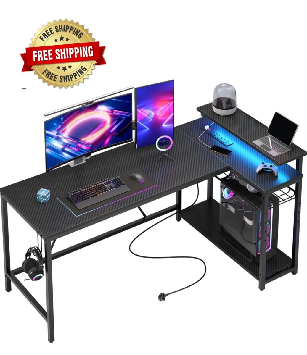 147CM L-Shaped Gaming Desk with RGB Lights & Power - Image 1