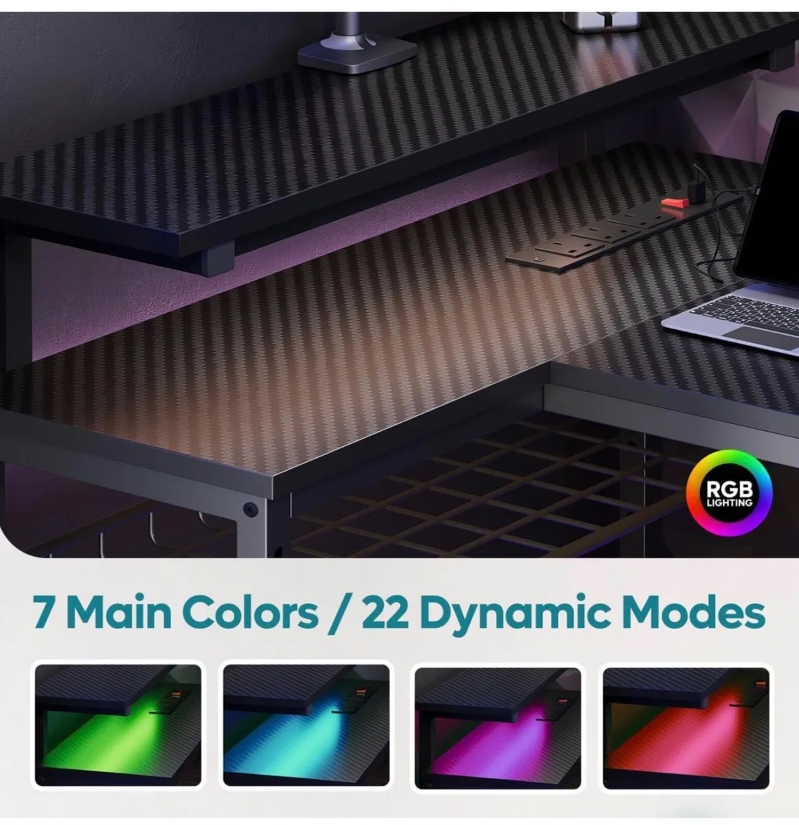 147CM L-Shaped Gaming Desk with RGB Lights & Power - Image 2