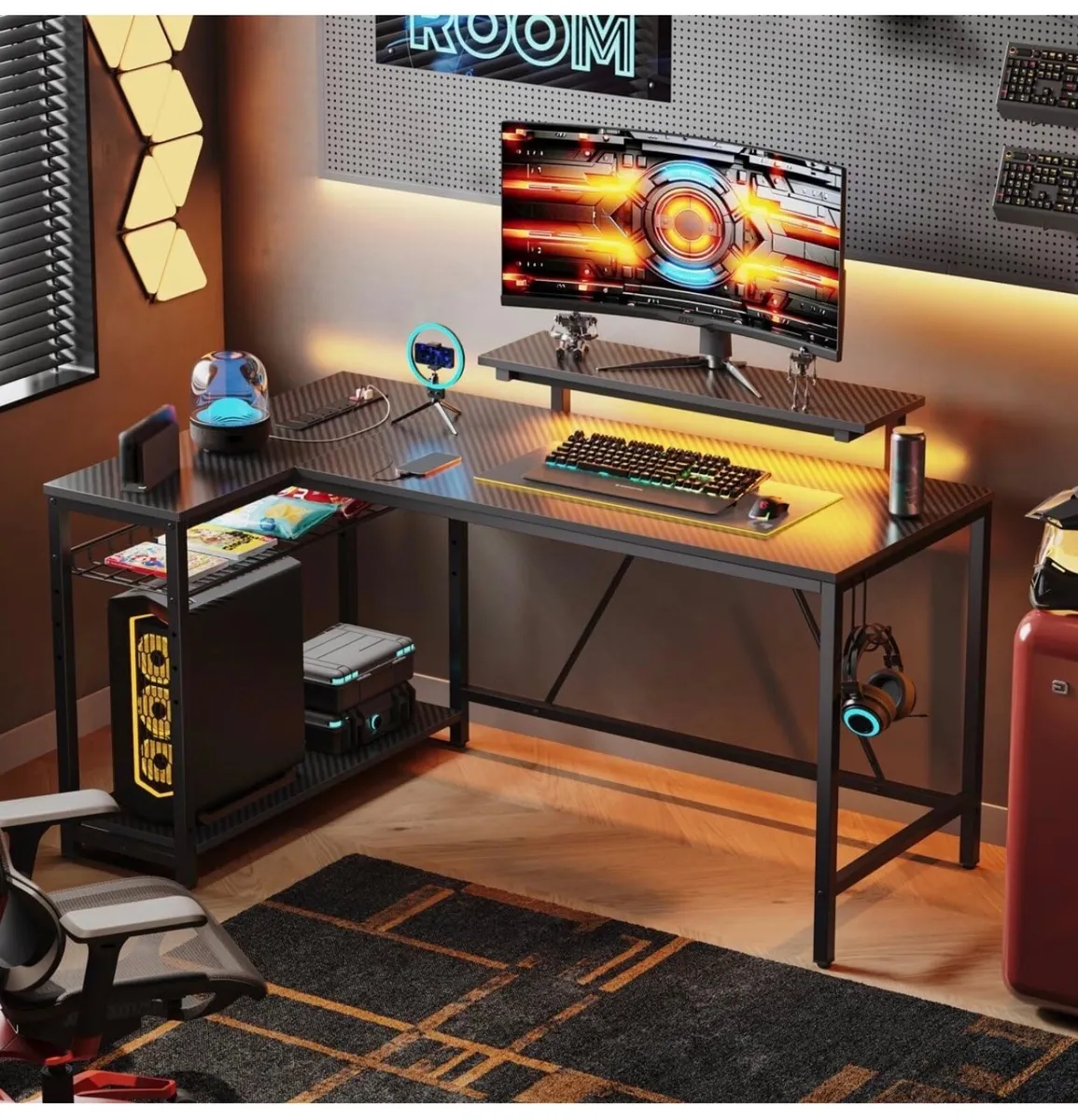 147CM L-Shaped Gaming Desk with RGB Lights & Power - Image 4
