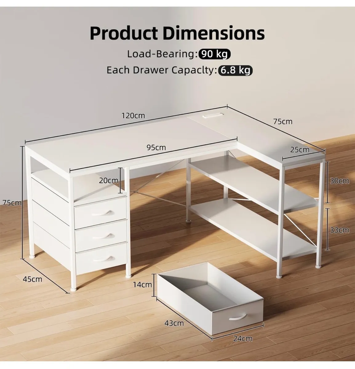 120cm Corner Desk with Drawers, Reversible L shape - Image 2