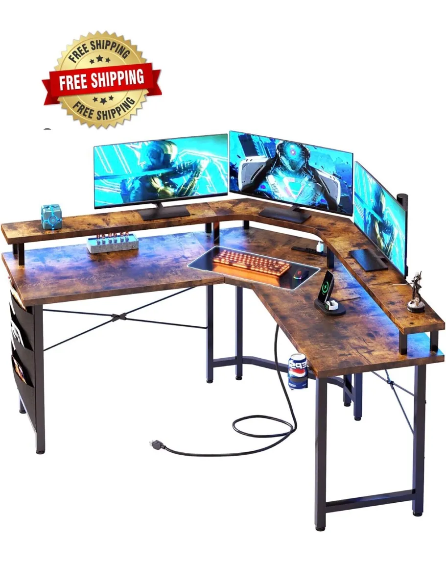 Computer Desk with Power Outlets & LED Strip, 50.8 - Image 1