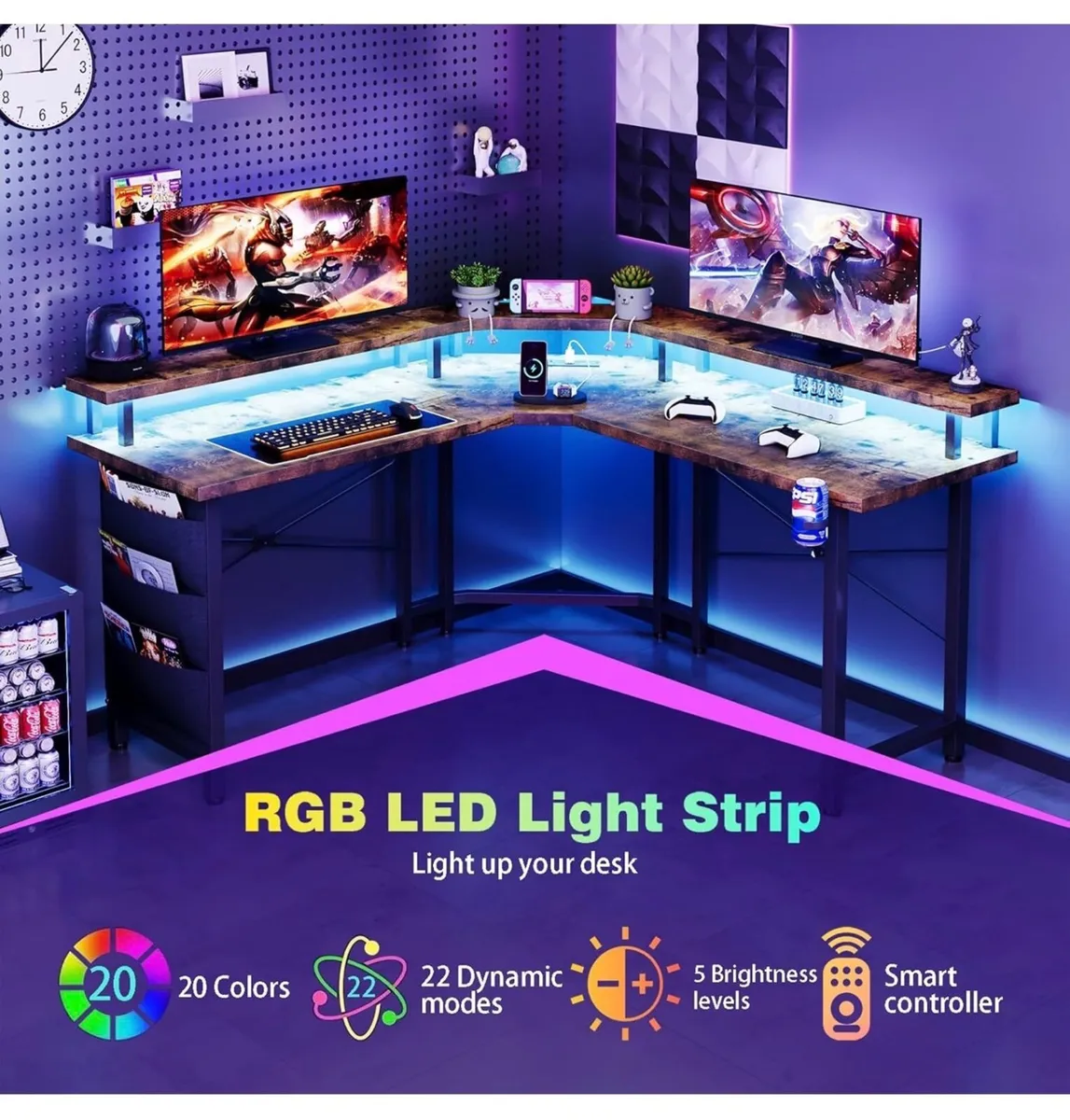 Computer Desk with Power Outlets & LED Strip, 50.8 - Image 2